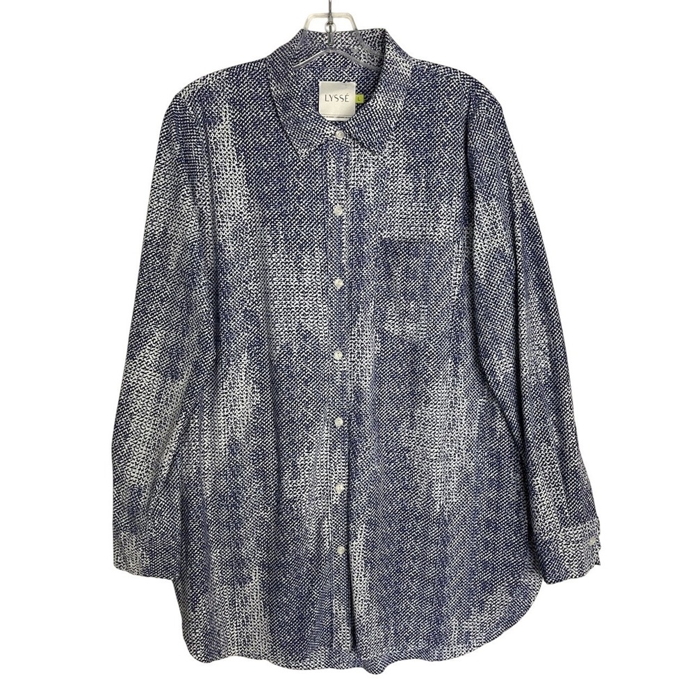 Lysse Schiffer Blouse Navyβ White Abstract Animal Print L Stretch Button